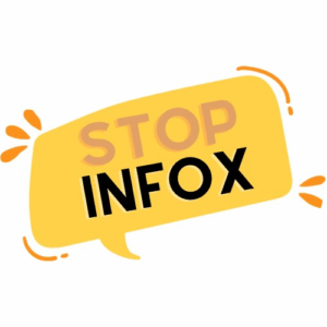 Logo de l’association Stop Infox : une bulle de dialogue jaune contenant les mots “STOP INFOX” en lettres capitales, symbolisant la lutte contre la désinformation.